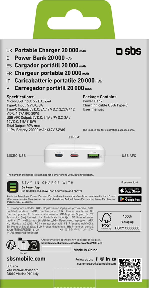 Powerbank SBS TTBB20000PD20W 20000 mAh, 20W, me USB-C, USB-A, Micro-USB, e bardhë