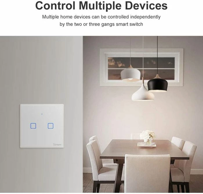 Switch muri smart SONOFF T2EU2C-TX, Wi‑Fi + RF433, 2 butona, bardhë