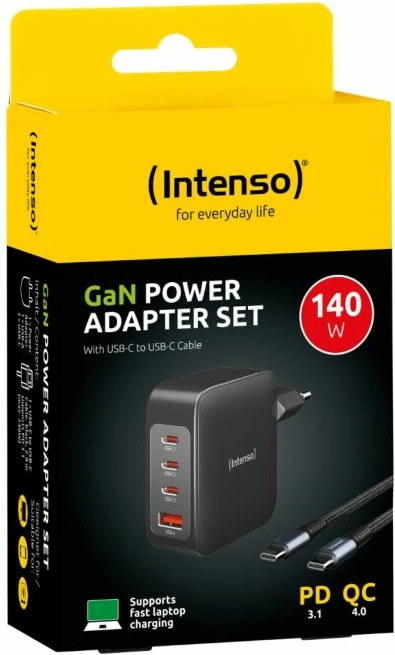 Karikues GaN INTENSO 7814010 140W 3xUSB-C + 1xUSB-A, kabllo USB-C në USB-C 2m 5A e përfshirë, e zezë (set)