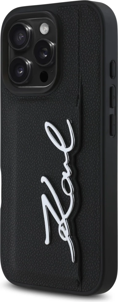 Mbështjellës, Karl Lagerfeld, HC Grained PU Cardslot Metal Signature, për iPhone 16 Pro Max 6.9-inch, xhep kartash, TPU/PC/eko-lëkurë, i zi