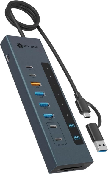 Hub USB‑C ICYBOX IB-HUB1742CR-C2PD 11-në-1, PD, lexues SD/microSD, 10 Gbit/s, me ekran LED, gri e errët, me adapter USB‑C në USB‑A