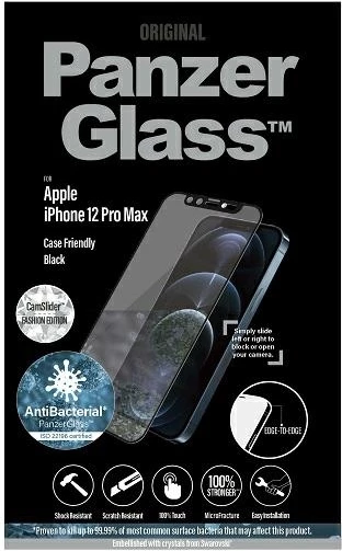 Xham mbrojtës PanzerGlass për iPhone 12 Pro Max, Edge-to-Edge, antibakterial, me CamSlider Swarovski, kornizë e zezë