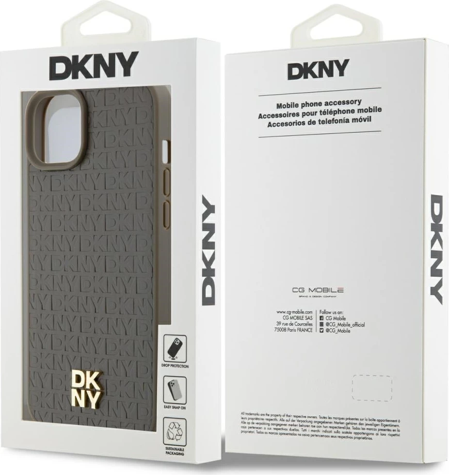 Mbështjellës DKNY Leather Pattern Metal Logo MagSafe për iPhone 15 Plus / 14 Plus, Kafe