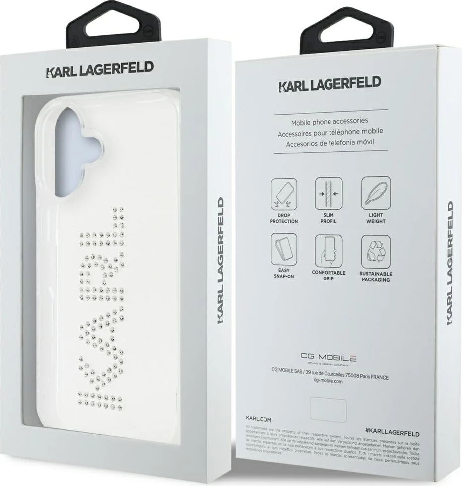 Mbështjellës Karl Lagerfeld IML Rhinestones Logo për iPhone 16, Transparent