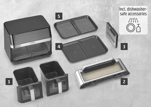 Fritezë me ajër të nxehtë CASO AirFry DuoChef 3186, 14 L, 2200 W, 2-in-1 furrë, e zezë/argjendtë