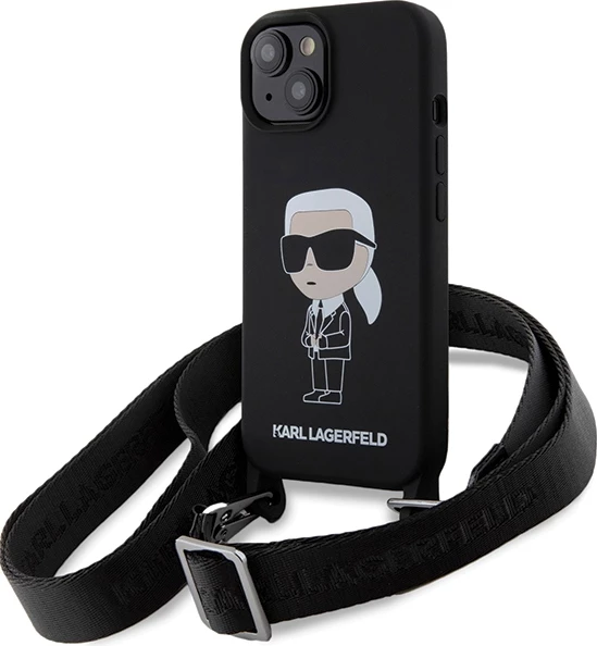 Mbështjellës Karl Lagerfeld Crossbody Silicone Ikonik për iPhone 15 6.1", i zi, me rrip
