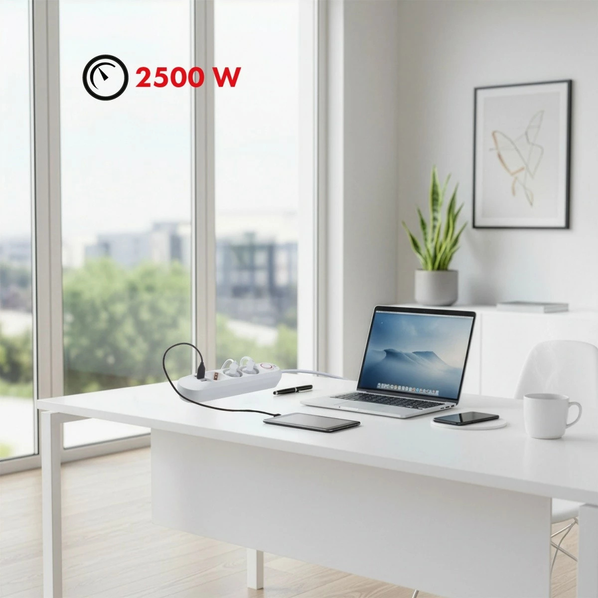 zgjatës elektrik, Maclean, MCE394 W, 3x Schuko + 3x USB, kabllo 1.5 m, 2500 W, 110-240V 50/60Hz, çelës ON/OFF, i bardhë