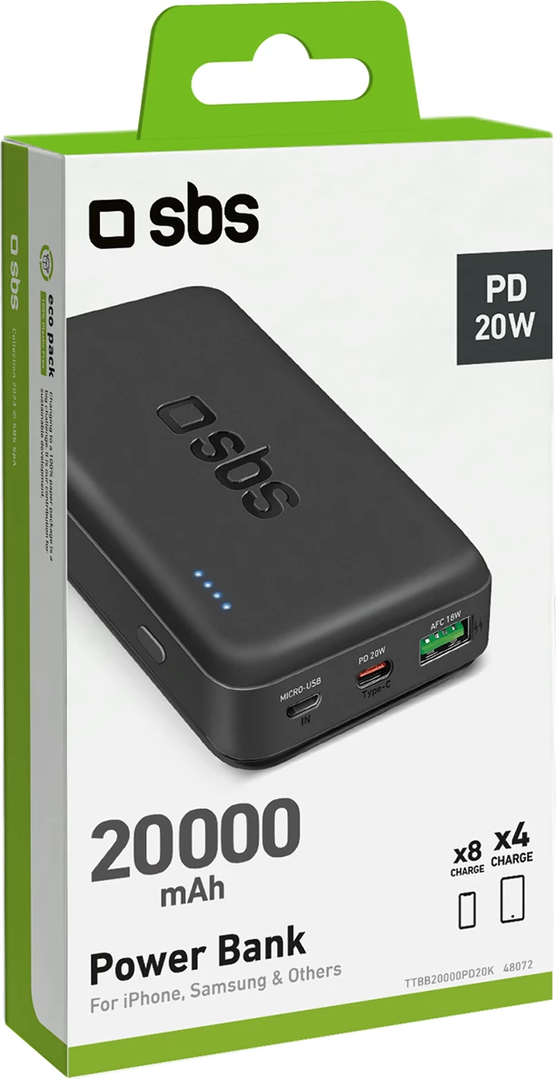 Powerbank SBS TTBB20000PD20K 20000 mAh, 20W PD, USB-C/USB-A/Micro-USB, e zezë