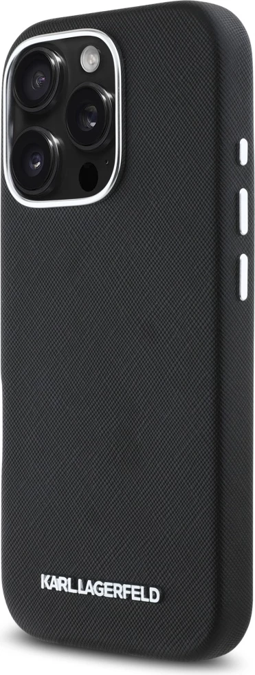 Mbështjellës Karl Lagerfeld Saffiano Full Wrapped Elongated Metal Logo MagSafe për iPhone 16 Pro Max, Zi