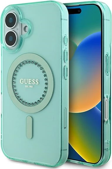 Mbështjellës Guess MagSafe për iPhone 16 Plus, i gjelbër, me rhinestones