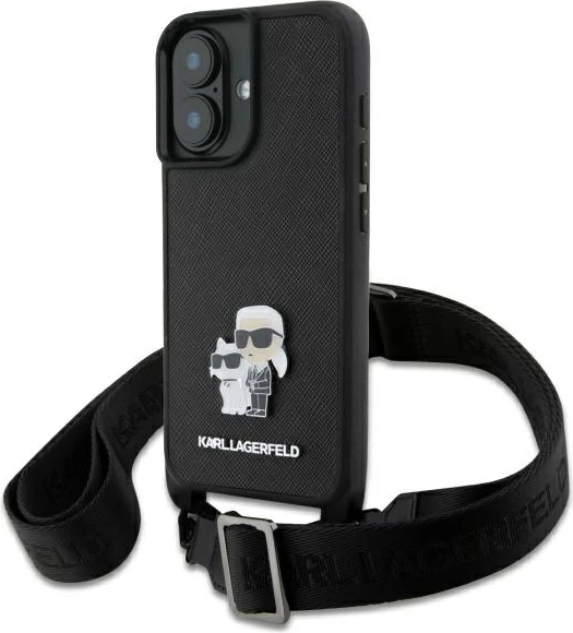 Mbështjellës Karl Lagerfeld Saffiano Karl&Choupette Metal Pin me rrip, për iPhone 16, Zi