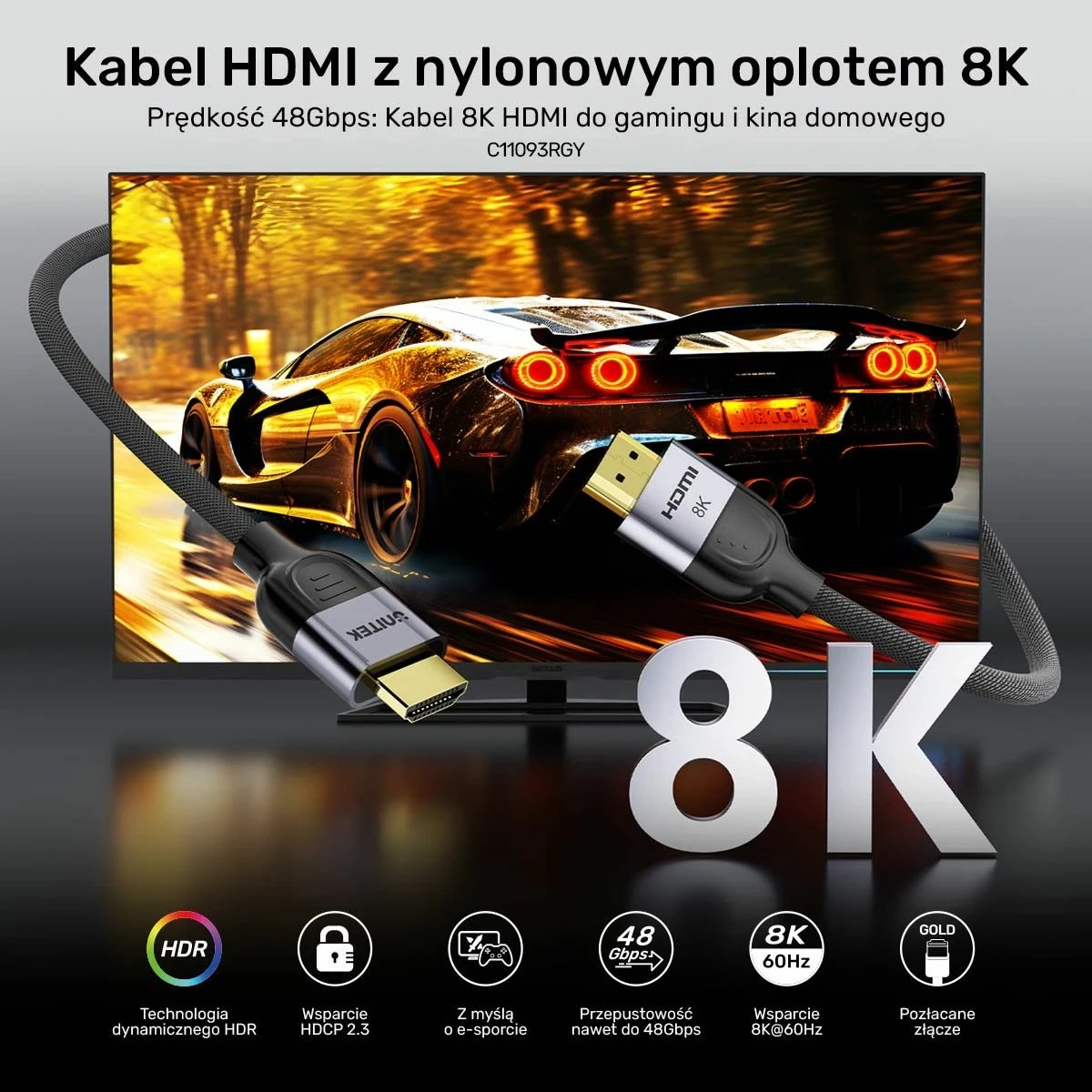 Kabllo HDMI Unitek 8K LUX 2.1, 10 metra, zezë-gri