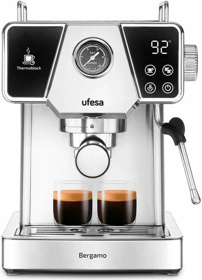 Aparat espresso UFESA Bergamo 20 bar, Thermoblock, manometër, frother qumështi, touch control, për kafe të bluar, argjend