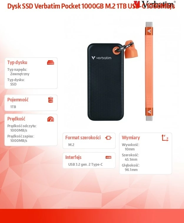 SSD i jashtëm Verbatim Pocket SSD DQVE32193PLG 1TB M.2 USB 3.2 Gen 2 Type-C 1000MB/s, e zezë/portokalli, set me kabllo USB-C dhe çantë