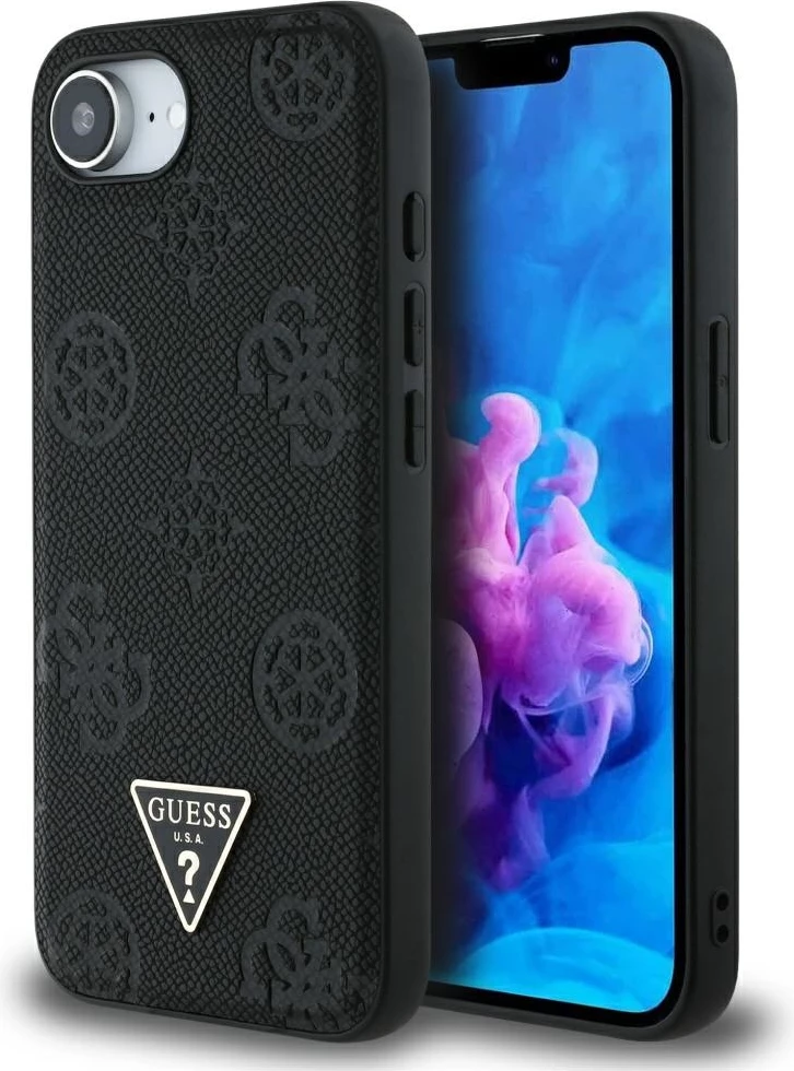 Mbështjellës Guess Grained Hot Stamp Peony Triangle Logo MagSafe për iPhone 16e, i zi