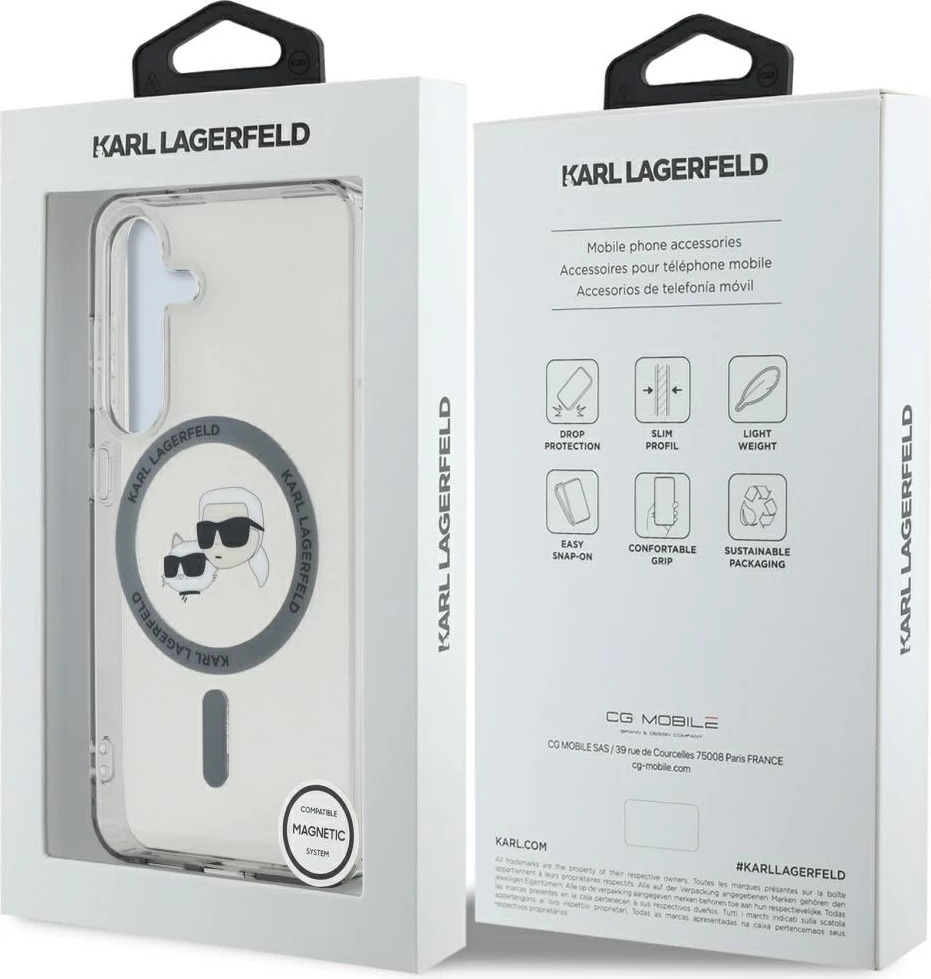 Mbështjellës Karl Lagerfeld Button Karl & Choupette Heads Printed Logo MagSafe për Samsung Galaxy S25, Zi