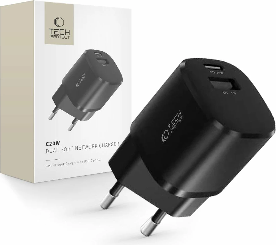 Karikues rrjeti Tech-Protect C20W, 20W, 2 porta USB-C PD & USB-A QC 3.0, i zi