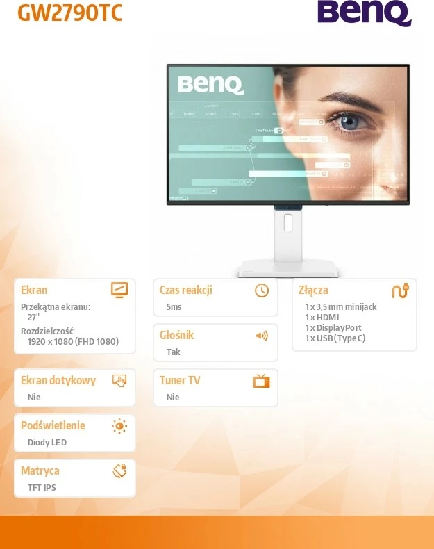 Monitor BenQ GW2790TC 27" FHD 144Hz IPS 5ms me altoparlantë, USB-C/HDMI/DisplayPort, rregullim lartësie & pivot, zi/bardhë, me kabllo HDMI
