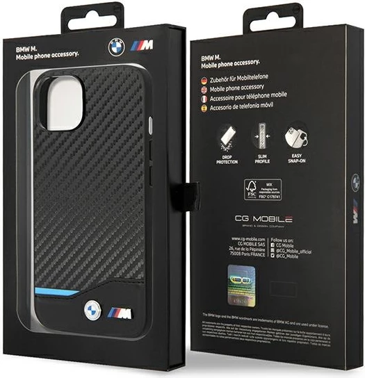 Mbështjellës BMW BMHCP14M22NBCK për iPhone 14 Plus 6.7", lëkurë karbon, zi