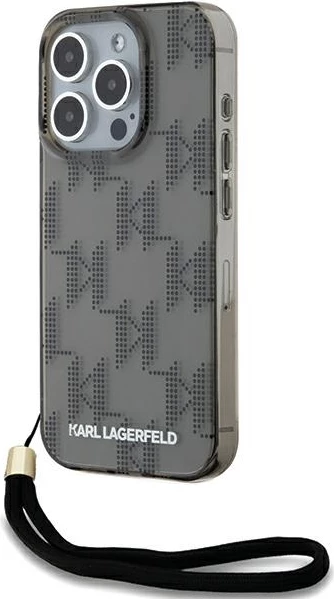 Mbështjellës Karl Lagerfeld IML Mono KL Pattern & Cord për iPhone 15 Pro, i zi