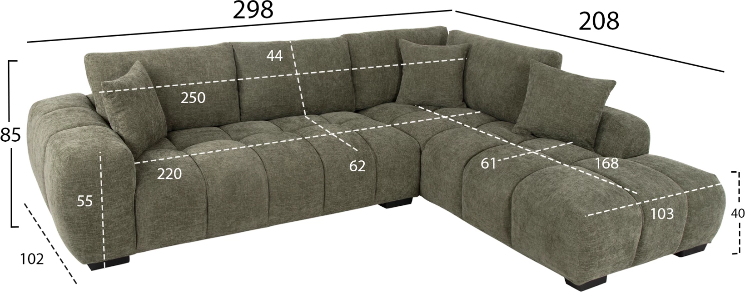 Kënd divan (djathtas) COVEN FH3266.04R, pëlhurë e gjelbër, 298x102-208x85H cm