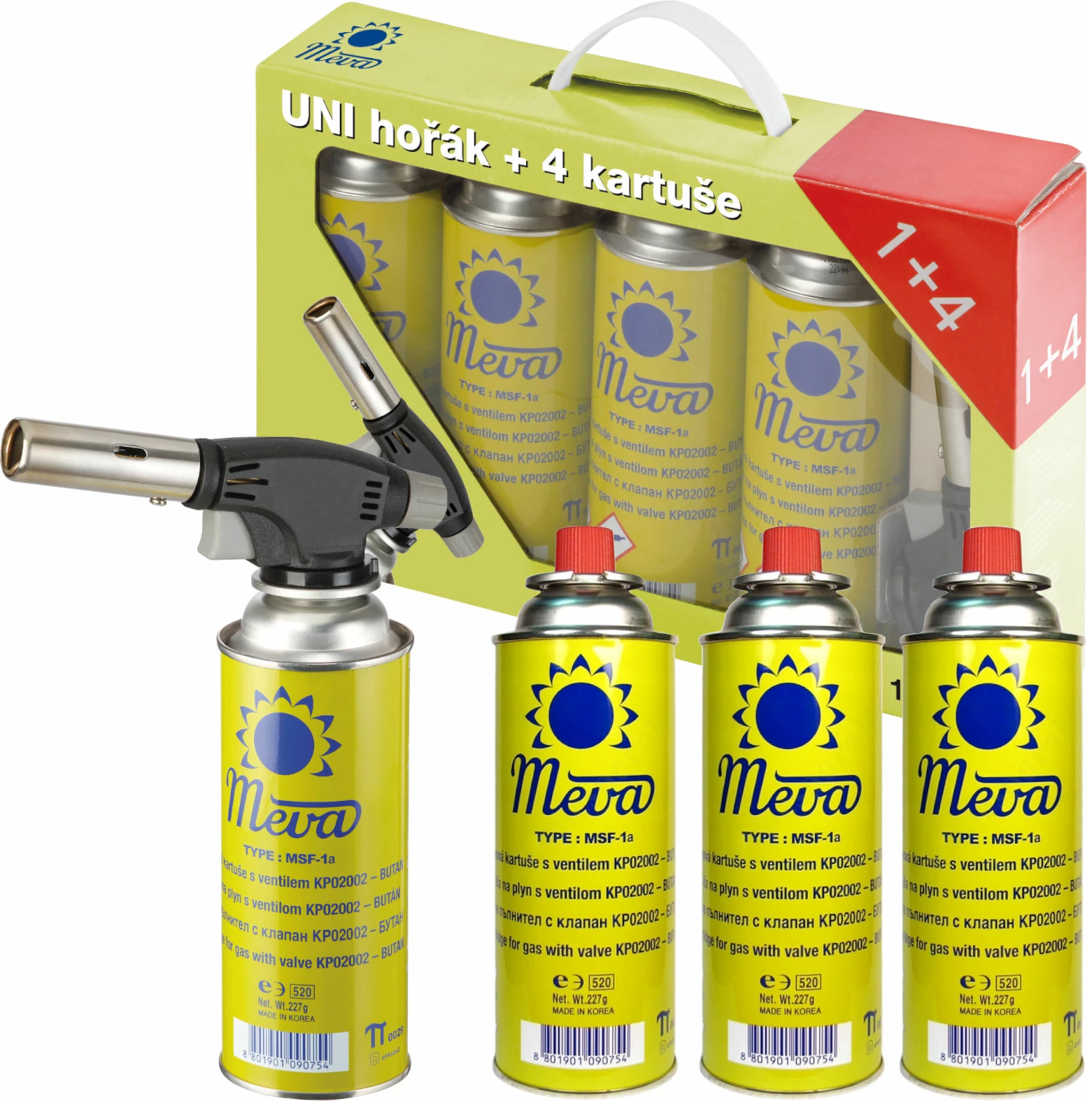 Set djegës gazi Meva KP18004 me ndezës piezo dhe 4 bombola, 1.6 kW