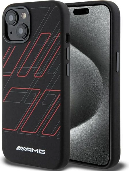 Mbështjellës Mercedes AMG Silicone Large Rhombuses Pattern MagSafe për iPhone 15 Plus / 14 Plus, i zi
