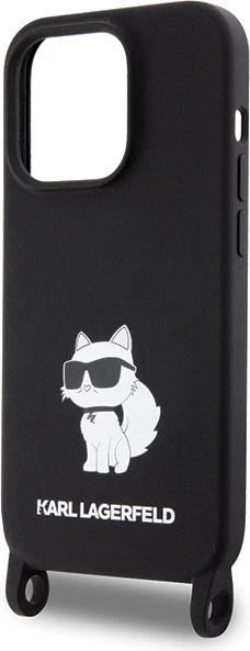 Mbështjellës Karl Lagerfeld Crossbody Silicone Choupette për iPhone 15 Pro Max, i zi, me rrip