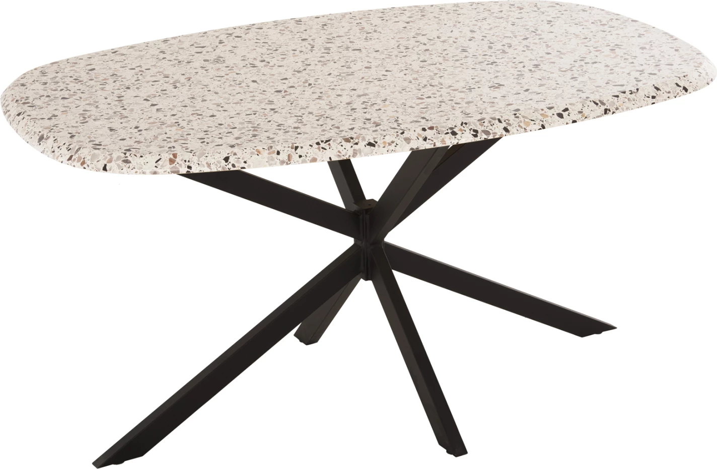 Tavolinë oval për ngrënie, sipërfaqe tavoline Werzalit, ngjyrë terrazzo, bazë metalike e zezë, 146x94x75H cm