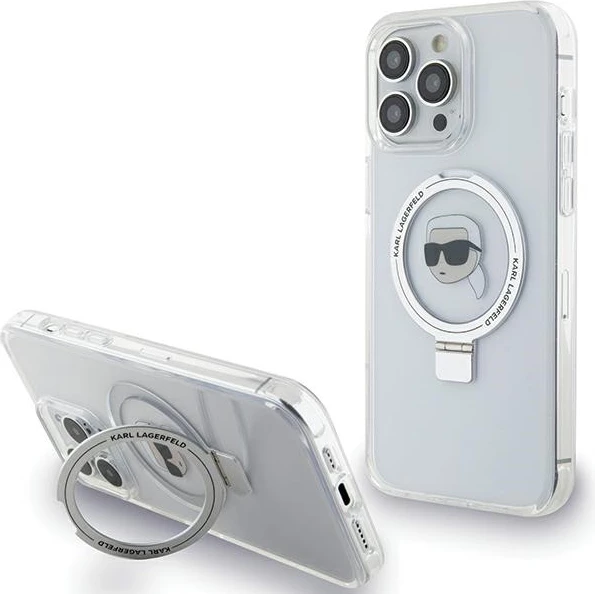 Mbështjellës Karl Lagerfeld KLHMP15LHMRSKHH për iPhone 15 Pro 6.1", me unazë Ring Stand, MagSafe, Bardhë