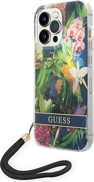 Mbështjellës Guess Flower Strap për iPhone 14 Pro Max 6.7", me varëse, Blu