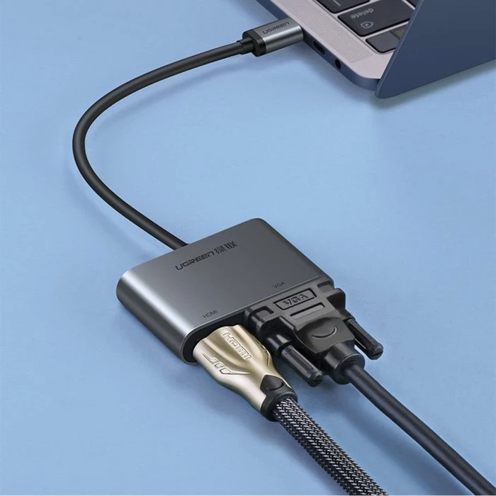 Adapter USB-C në HDMI + VGA me PD, UGREEN 50505, 4K@30Hz, 1080p@60Hz, kabllo 25 cm, gri, me kuti