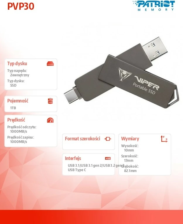 SSD i jashtëm Patriot PVP30, 1TB, USB 3.2/USB-C, Gri