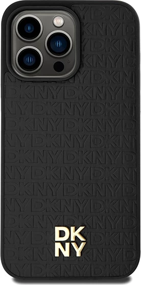Mbështjellës DKNY Leather Monogram Pattern Metal Logo MagSafe për iPhone 15 Pro Max, i zi