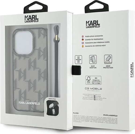 Mbështjellës Karl Lagerfeld IML Mono KL Pattern & Cord për iPhone 15 Pro Max, i zi