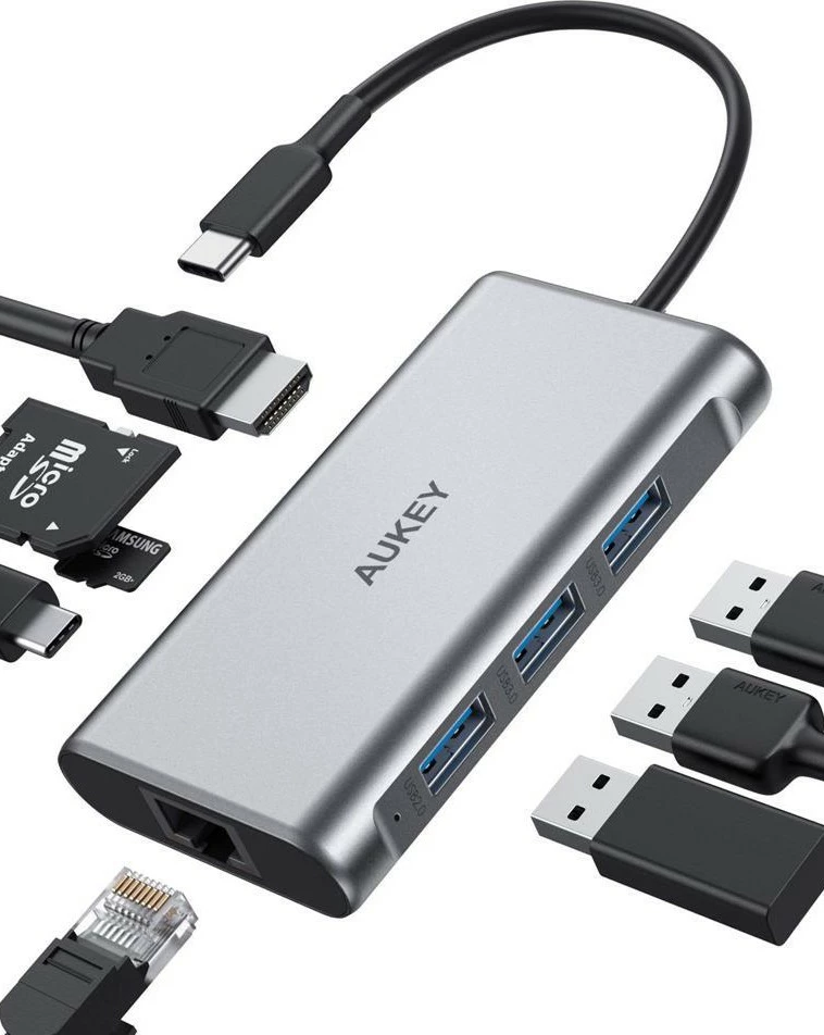 Kasë AUKEY CB-C91, 8-në-1, USB-C, HDMI 4K, RJ45, 3x USB 3.1, SD/microSD, Power Delivery 100W, Alumini, Argjend