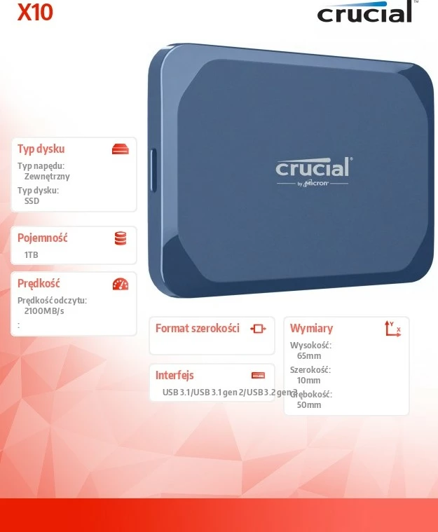 SSD i jashtëm Crucial X10, 1TB, USB-C, Blu