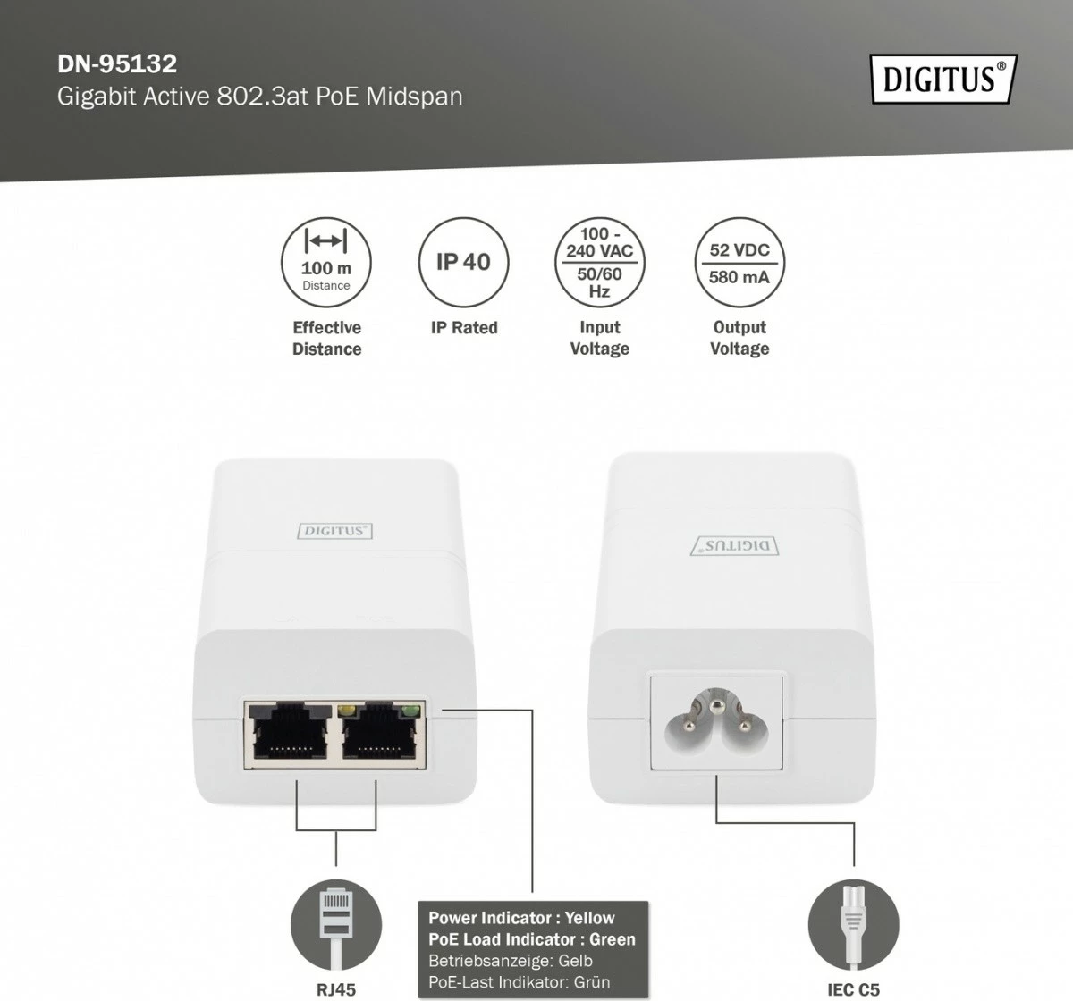 Furnizues energjie PoE+ Digitus DN-95132, 52V 30W, i bardhë