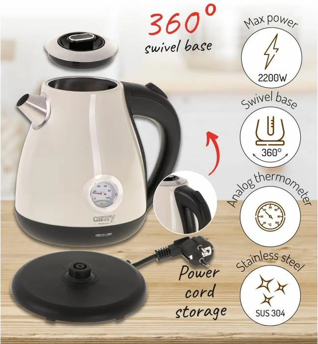 Çajnik elektrik CAMRY CR1344W 1.7L 2200W me termometër analog, i bardhë
