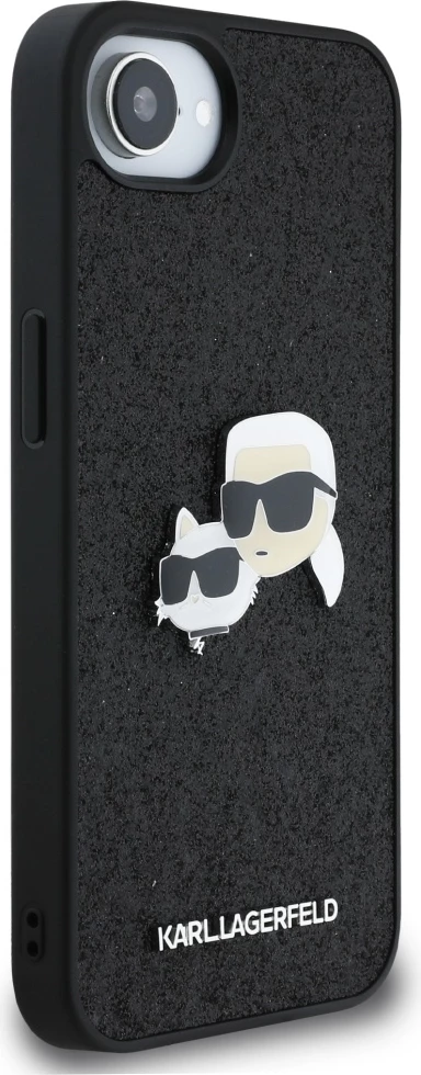 Mbështjellës Karl Lagerfeld Fixed Glitter Karl&Choupette Heads Metal Pin për iPhone 16e, i zi