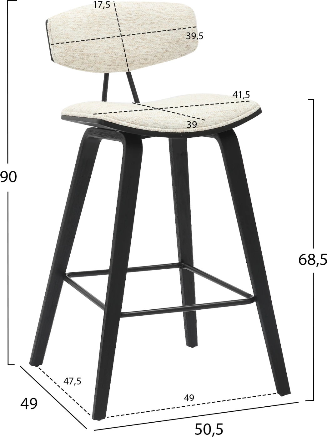 Karrige për bar, lartësi mesatare, INOVER FH9984.02, metal & dru, pëlhurë ecru, 50,5x49x90H cm, set prej 2 copë