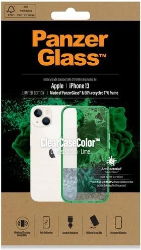 Mbështjellës PanzerGlass ClearCase për iPhone 13/14/15, transparent, i gjelbër, antibakterial, Military Grade