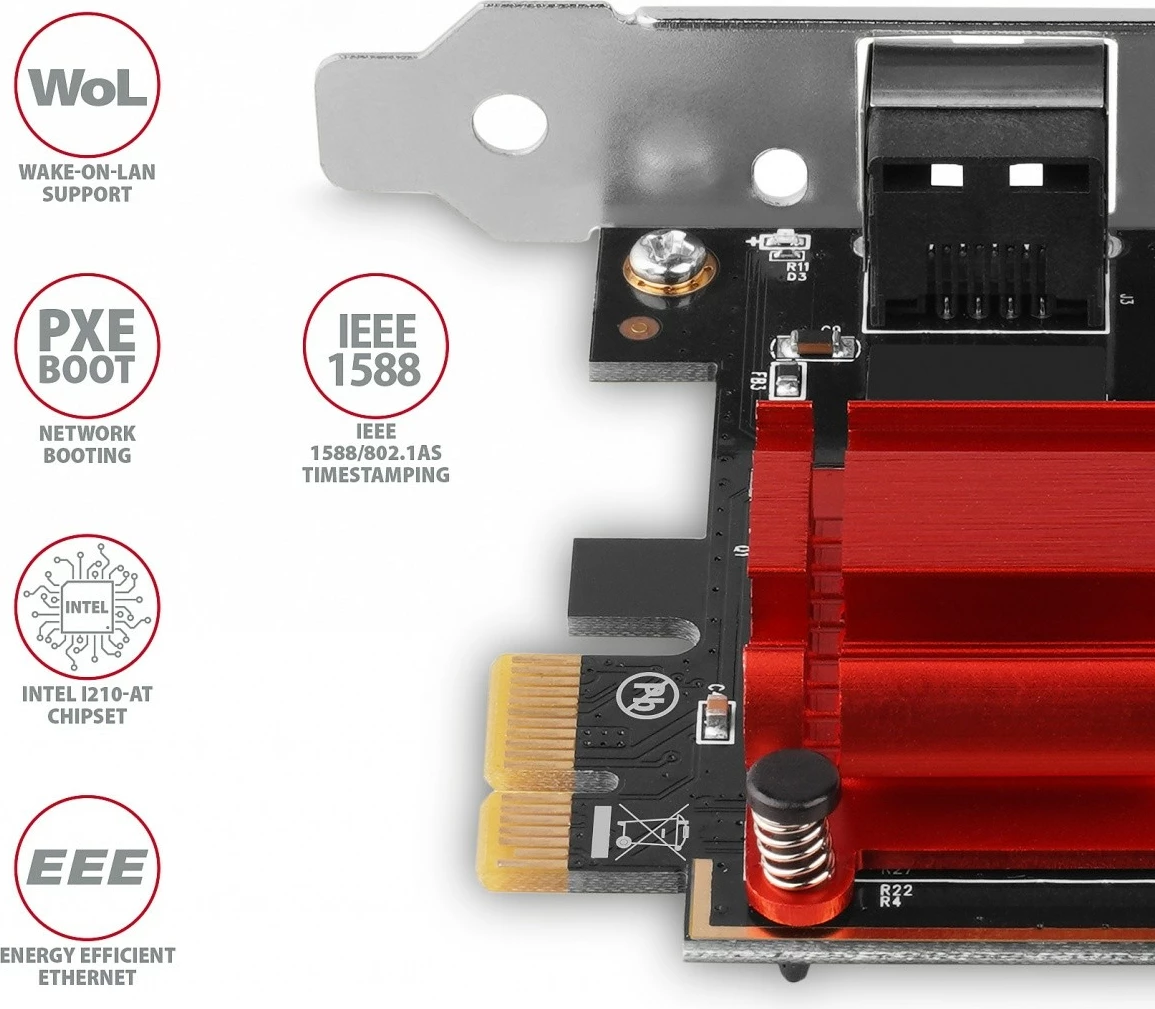 Kartë rrjeti AXAGON PCEE-GIX, PCIe, 1x Gigabit Ethernet, Intel I210-AT, me mbajtëse standarde dhe low-profile