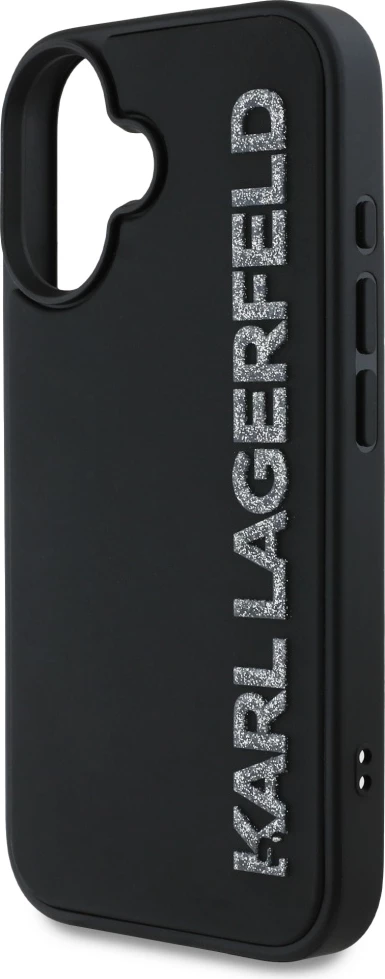 Mbështjellës Karl Lagerfeld HC 3D Rubber Elongated Glitter për iPhone 16, i zi
