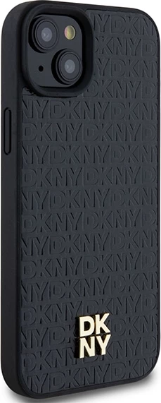 Mbështjellës DKNY Leather Pattern Metal Logo MagSafe për iPhone 15/14/13, i zi