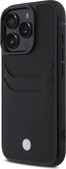 Mbështjellës BMW Sign prej lëkure për iPhone 16 Pro Max, i zi