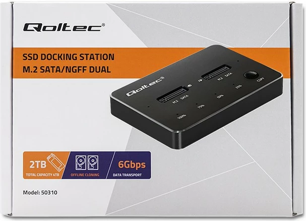 Kasë docking Qoltec 50310 për 2x SSD M.2 SATA NGFF, USB Type C, e zezë