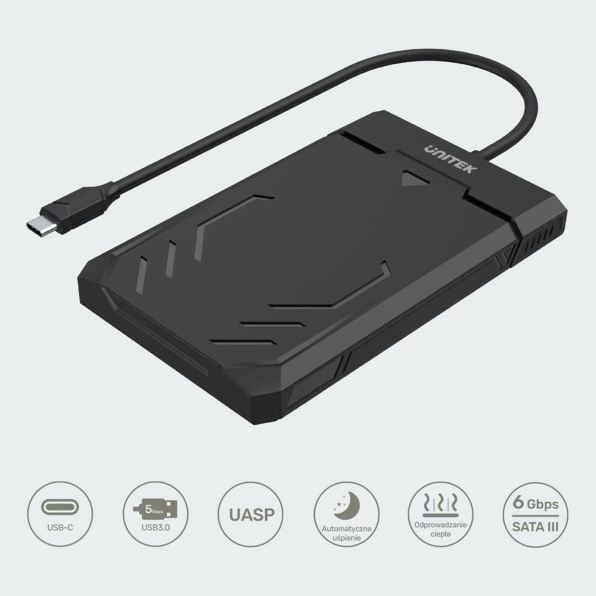 Kasë Unitek Y-3036A për HDD/SSD 2.5", USB-C, e zezë