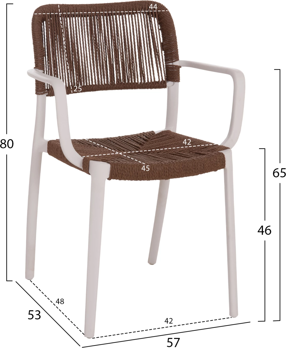 Karrige për tavolinë për terasë STRIDER, kornizë e bardhë, litar kafe, FH6391.01, 57x53x80cm, set prej 5 copash
