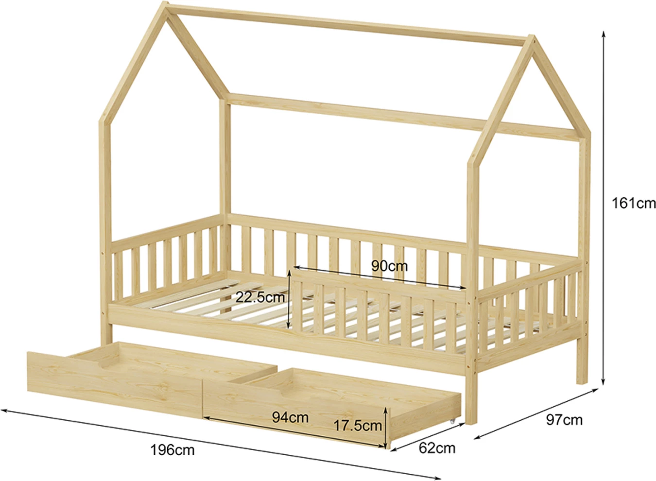 Krevat fëmijësh me sirtarë PHYLLIS FH724.01, dru pishe natyrale, 196x97x161cm